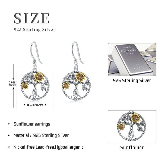 Sterling Silver Two-tone Sunflower & Tree Of Life Drop Earrings-4