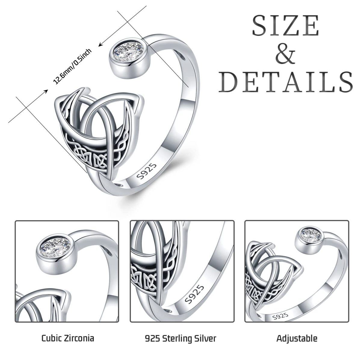 Sterling Silver Round Cubic Zirconia Celtic Knot Open Ring-6