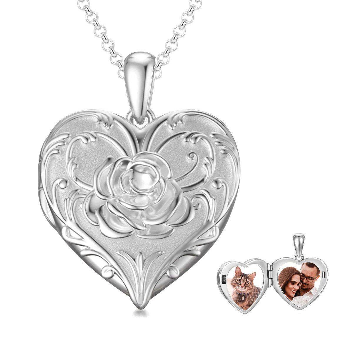 Sterling Silver Rose & Heart Personalized Photo Locket Necklace-1