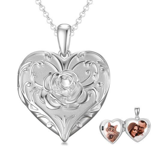 Colar de prata esterlina com medalhão fotográfico personalizado com rosa e coração