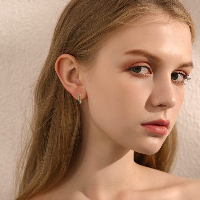 14k Gold Emerald Green Zircon May Birthstone Hoop Earrings Gifts for Women-1