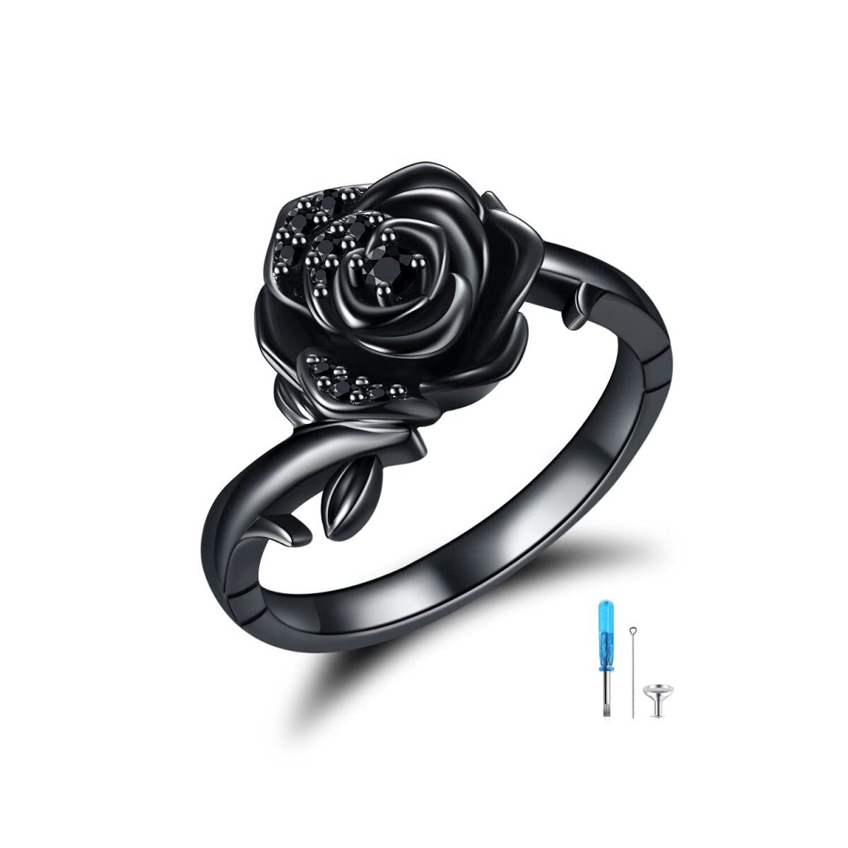 Sterling Silber mit schwarzem Rhodium personalisierte Gravur Rose Urnenring-1