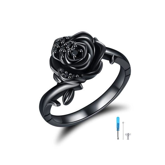 Bague Urne Rose Gravure Personnalisée en Argent Sterling avec Rhodium Noir-0