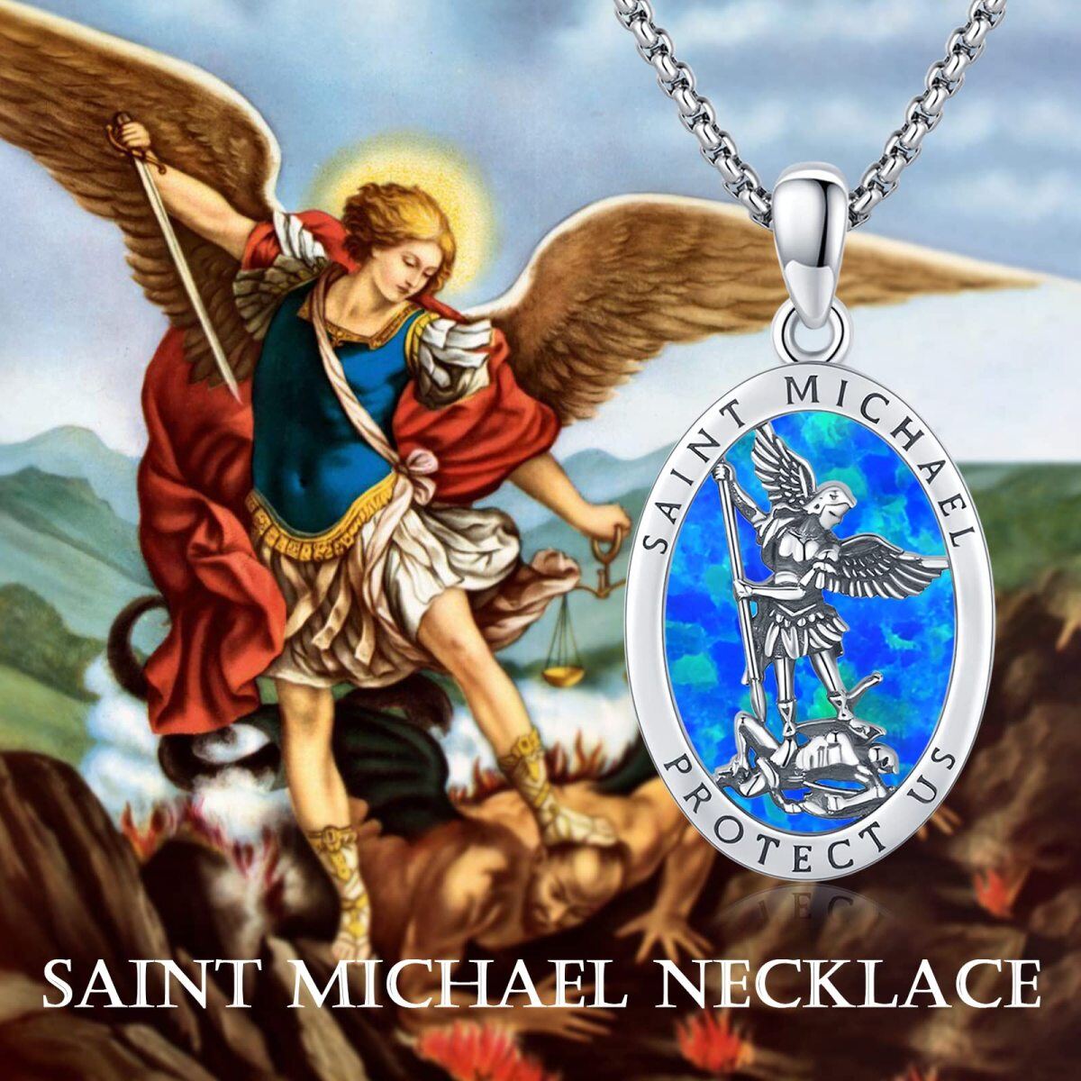 Sterling Silver Oval Opal Saint Michael Pendant Necklace for Men-5
