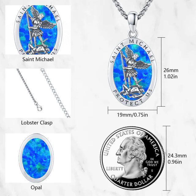 Sterling Silver Oval Opal Saint Michael Pendant Necklace for Men-4