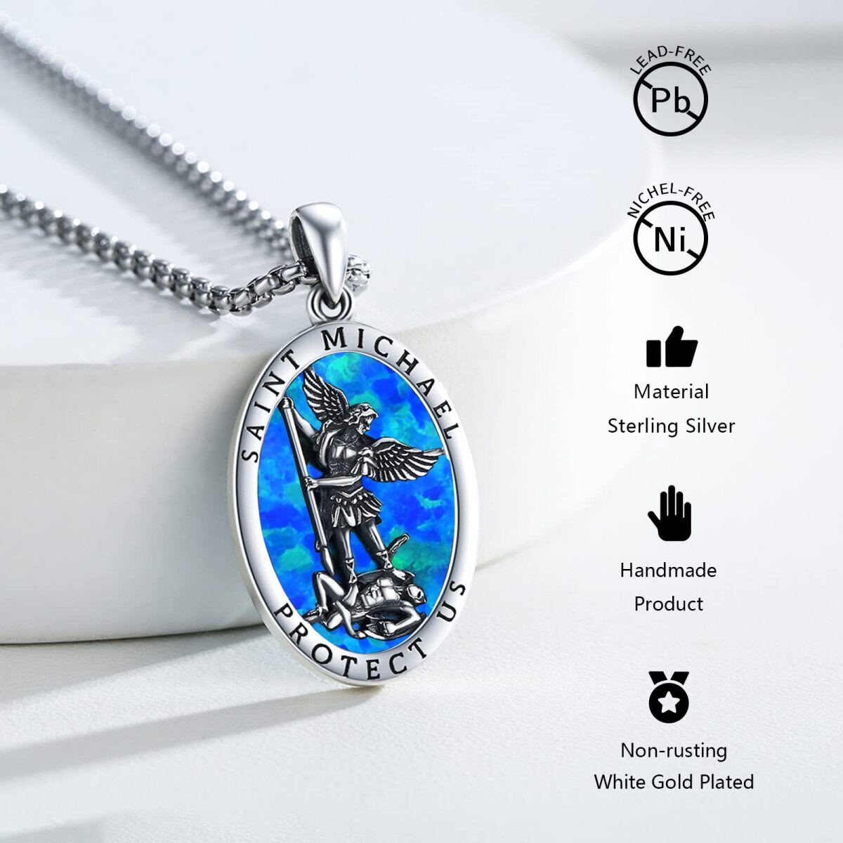 Sterling Silver Oval Opal Saint Michael Pendant Necklace for Men-3