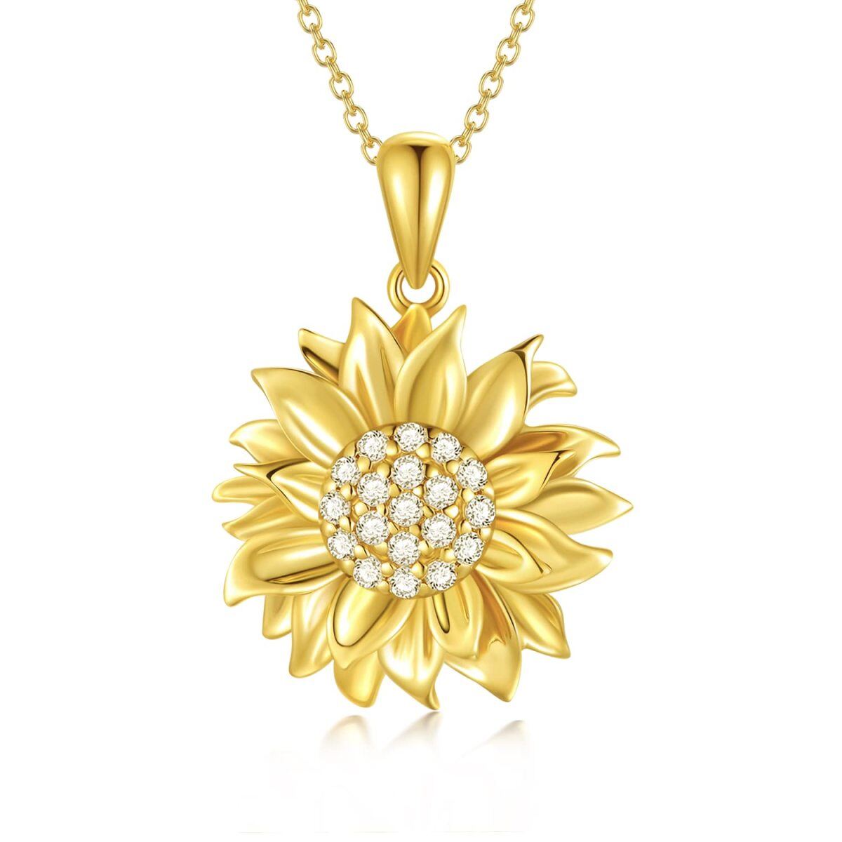 Sterling Silver with Yellow Gold Plated Round Diamond Sunflower Pendant Necklace-1