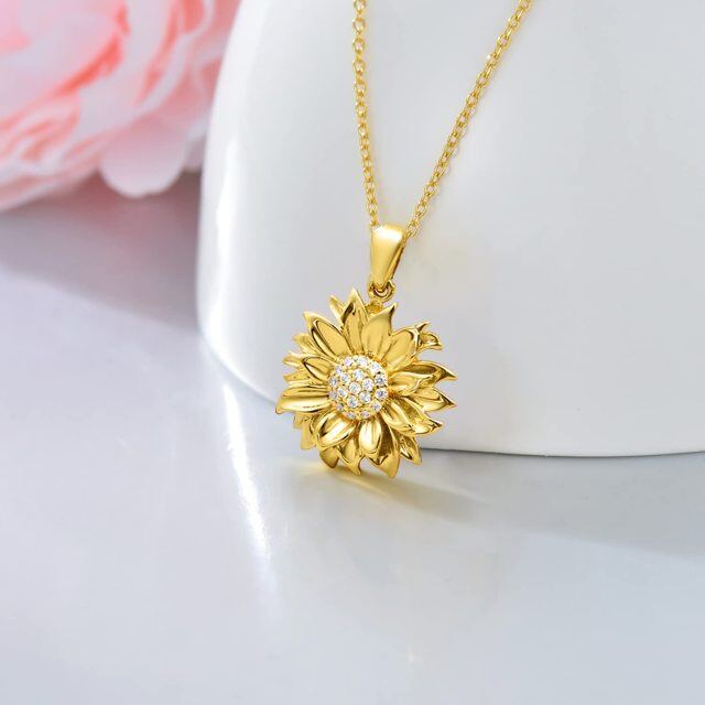 Sterling Silver with Yellow Gold Plated Round Diamond Sunflower Pendant Necklace-2