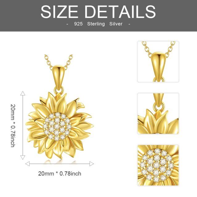 Halskette mit Sonnenblumen-Anhänger aus Sterlingsilber mit Gelbgold-Plattierung und rundem Diamant-3