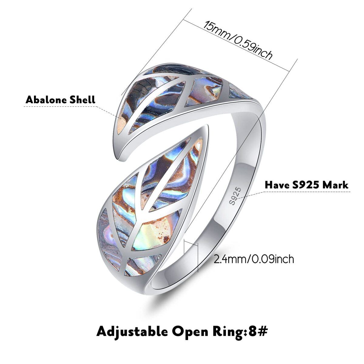 Sterling Silber Abalone Muscheln Hohle Blätter Offener Ring-6