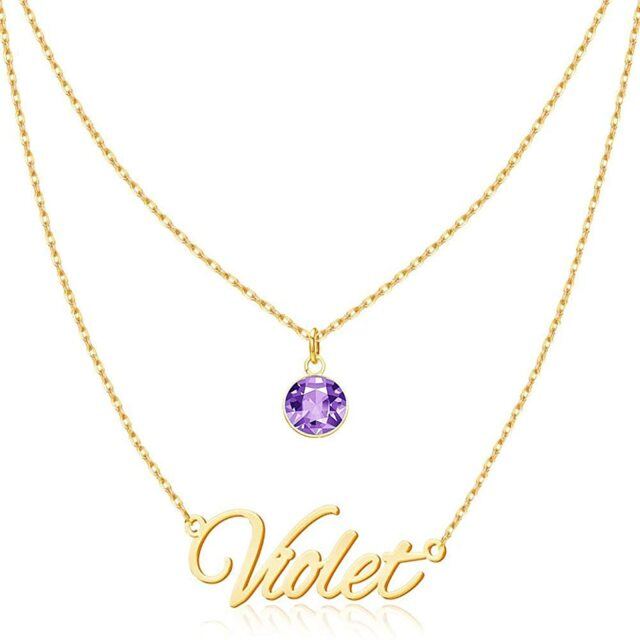 10K Gold Circular Shaped Crystal Personalized Birthstone Pendant Necklace-0
