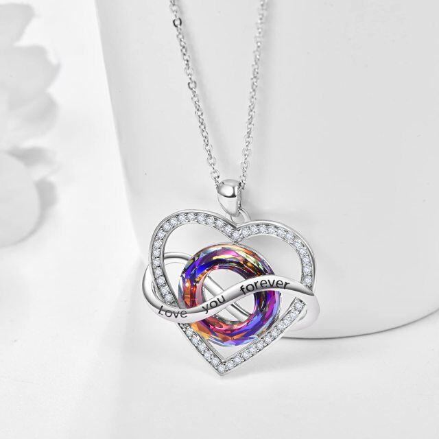 Sterling Silver Circular Shaped Crystal Heart & Infinity Symbol Pendant Necklace with Engraved Word-5