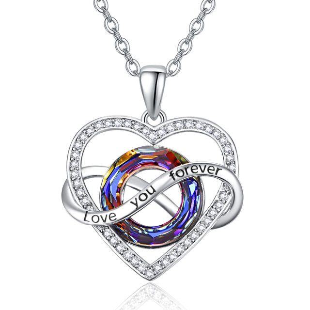 Sterling Silver Circular Shaped Crystal Heart & Infinity Symbol Pendant Necklace with Engraved Word-1