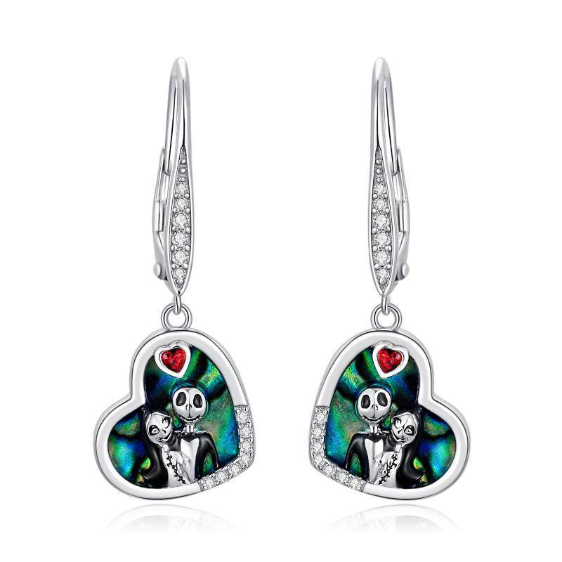 Pendientes en forma de corazón y calavera de abalón de plata de ley-1