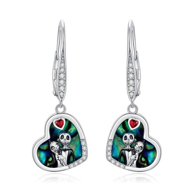 Pendientes en forma de corazón y calavera de abalón de plata de ley-0