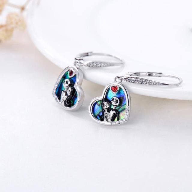 Pendientes en forma de corazón y calavera de abalón de plata de ley-3