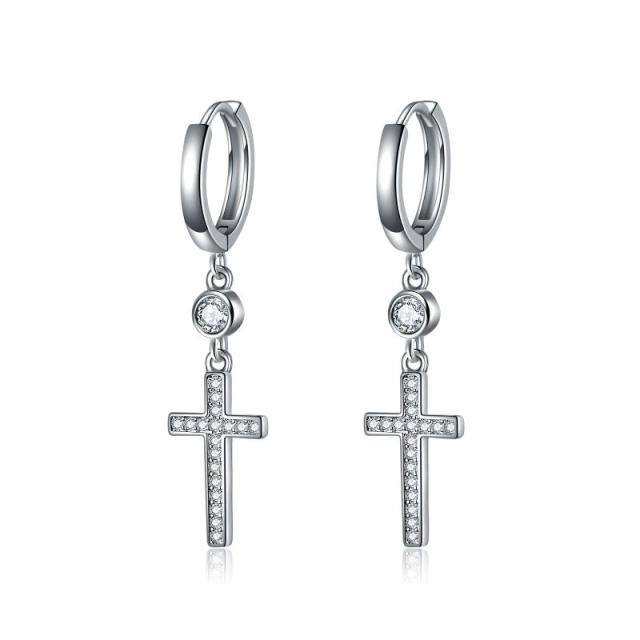 Sterling Silver Circular Shaped Cubic Zirconia Cross Drop Earrings-5