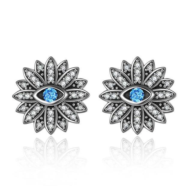 Sterling Silver Cubic Zirconia Lotus & Evil Eye Stud Earrings-0