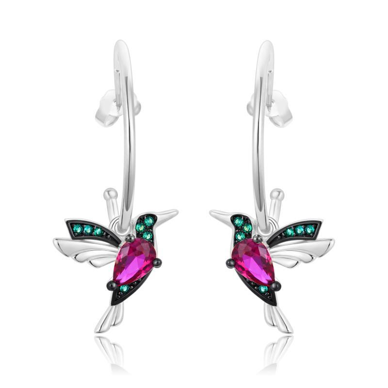 Sterling Silver Two-tone Cubic Zirconia Hummingbird Drop Earrings-1