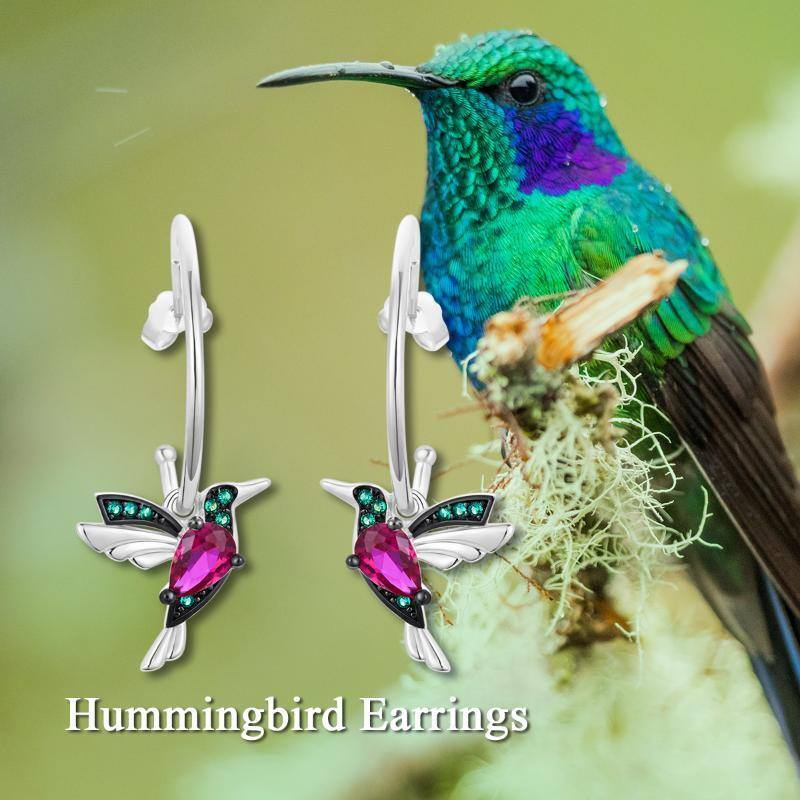 Sterling Silver Two-tone Cubic Zirconia Hummingbird Drop Earrings-6