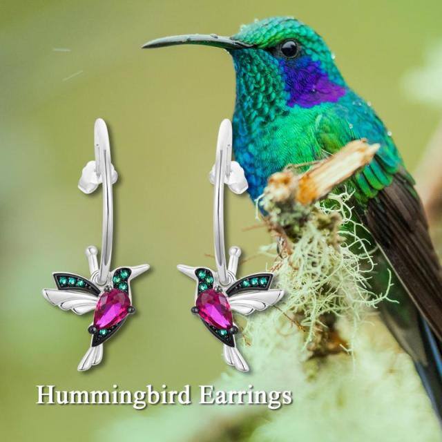 Sterling Silver Two-tone Cubic Zirconia Hummingbird Drop Earrings-5