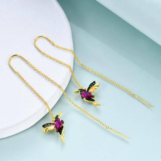 Sterling Silver with Yellow Gold Plated Cubic Zirconia Hummingbird Drop Earrings-3