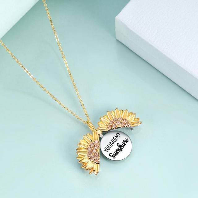Sterling Silver Two-tone Sunflower Pendant Locket Necklace Engraved You Are My Sunshine-3
