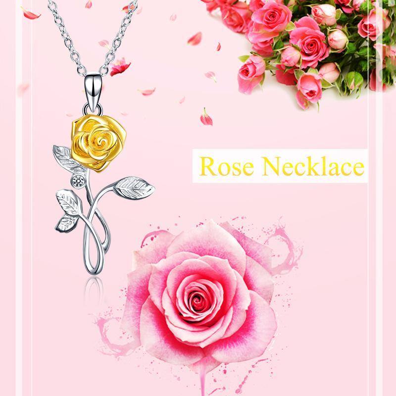 Sterling Silver Two-tone Zirconia Yellow Rose Pendant Necklace-6