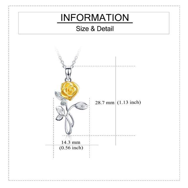 Sterling Silver Two-tone Zirconia Yellow Rose Pendant Necklace-4