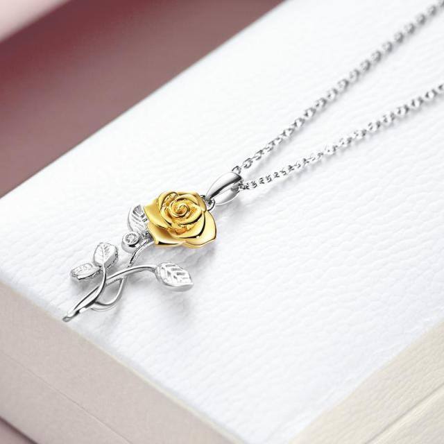 Sterling Silver Two-tone Zirconia Yellow Rose Pendant Necklace-2