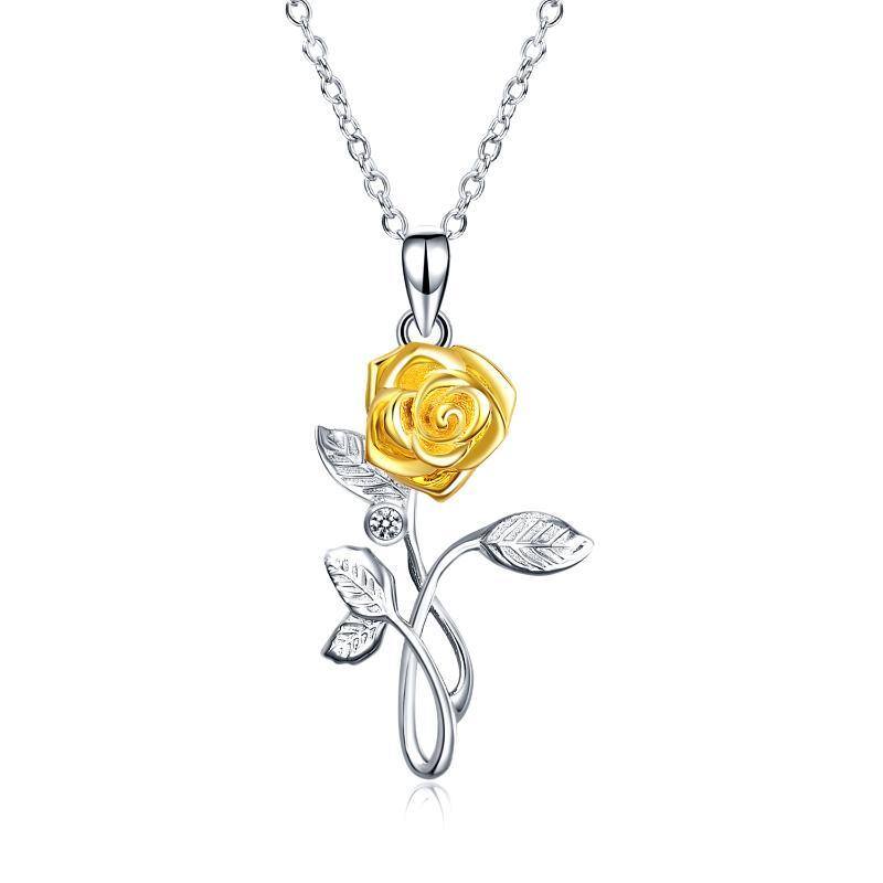 Sterling Silver Two-tone Zirconia Yellow Rose Pendant Necklace-1
