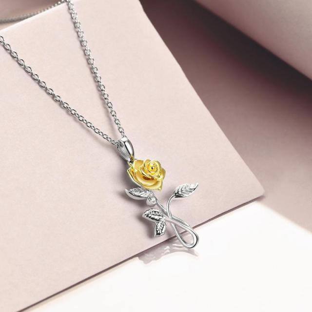 Sterling Silver Two-tone Zirconia Yellow Rose Pendant Necklace-3