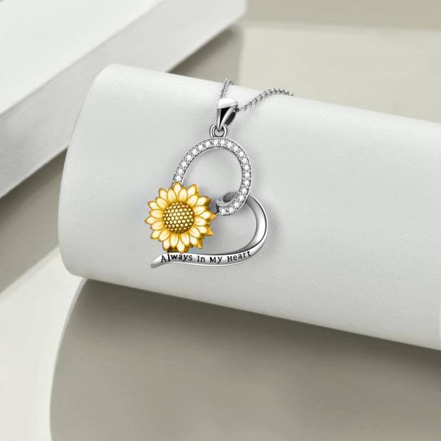 Sterling Silver Circular Shaped Cubic Zirconia Sunflower & Heart Urn Necklace for Ashes with Engraved Word-3