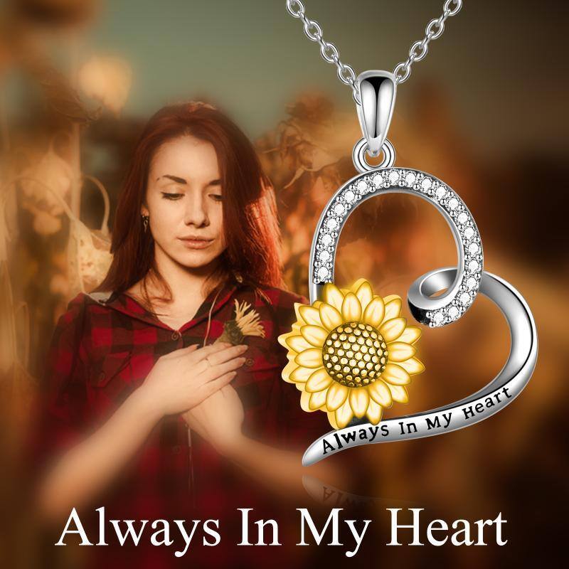 Sterling Silver Circular Shaped Cubic Zirconia Sunflower & Heart Urn Necklace for Ashes with Engraved Word-6