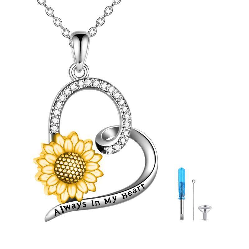 Sterling Silver Two-tone Circular Shaped Cubic Zirconia Sunflower & Heart Urn Necklace for Ashes with Engraved Word-1