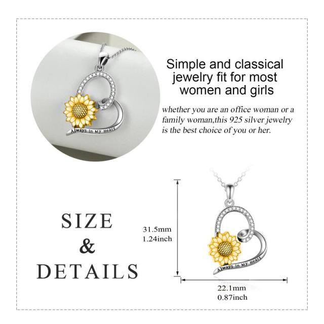 Sterling Silver Circular Shaped Cubic Zirconia Sunflower & Heart Urn Necklace for Ashes with Engraved Word-4
