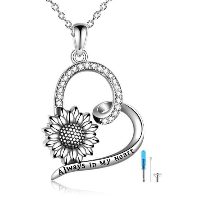 Sterling Silver Circular Shaped Sunflower & Heart Pendant Necklace with Engraved Word-0