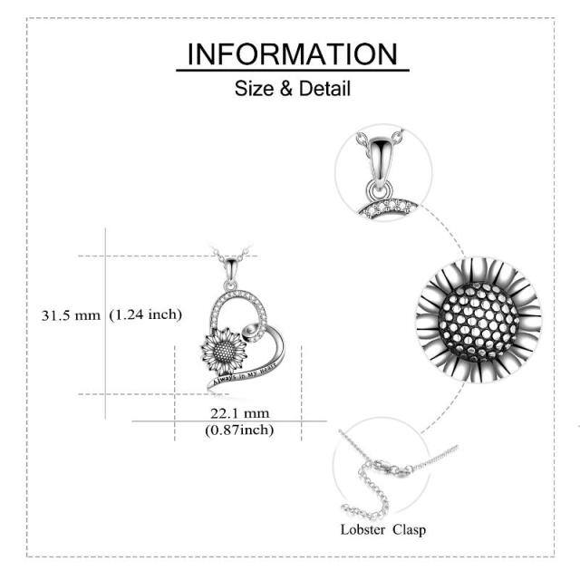 Colar de prata esterlina com pingente de girassol e coração em forma circular e palavra gr-4