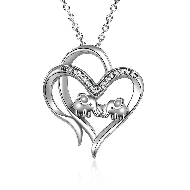 Sterling Silver Circular Shaped Cubic Zirconia Elephant & Heart With Heart Pendant Necklace-1
