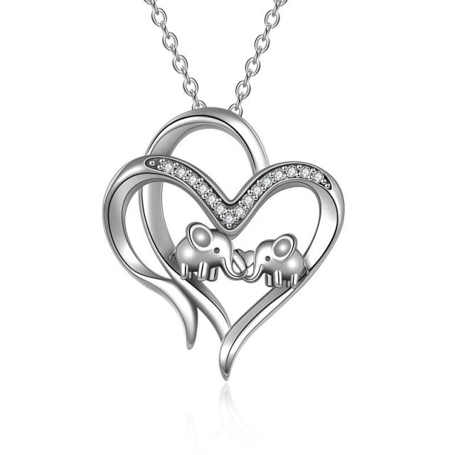 Sterling Silver Circular Shaped Cubic Zirconia Elephant & Heart With Heart Pendant Necklace-0