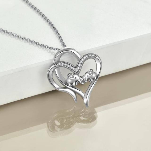 Sterling Silver Circular Shaped Cubic Zirconia Elephant & Heart With Heart Pendant Necklace-3