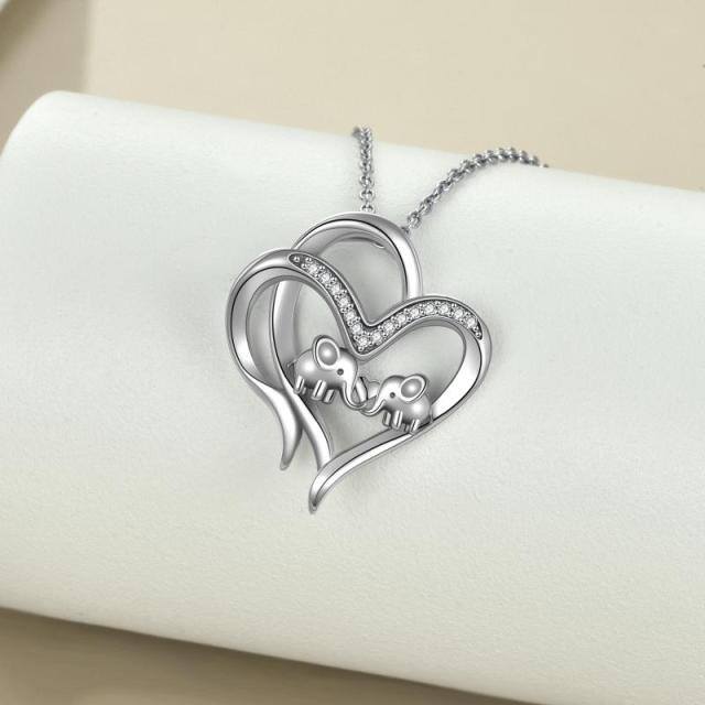Sterling Silver Circular Shaped Cubic Zirconia Elephant & Heart With Heart Pendant Necklace-2
