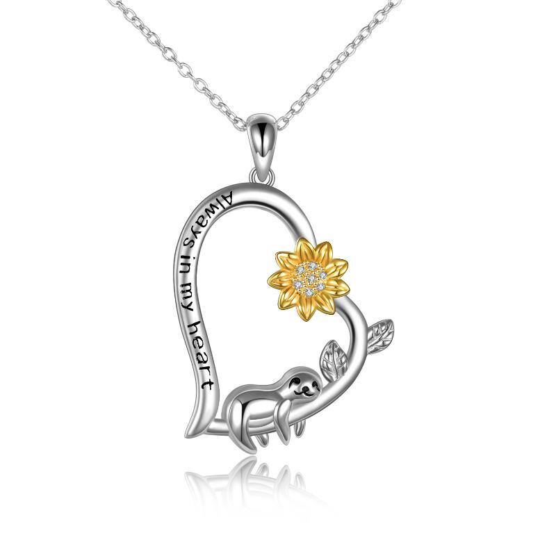 Sterling Silver Sloth & Sunflower Pendant Necklace with Engraved Word-1