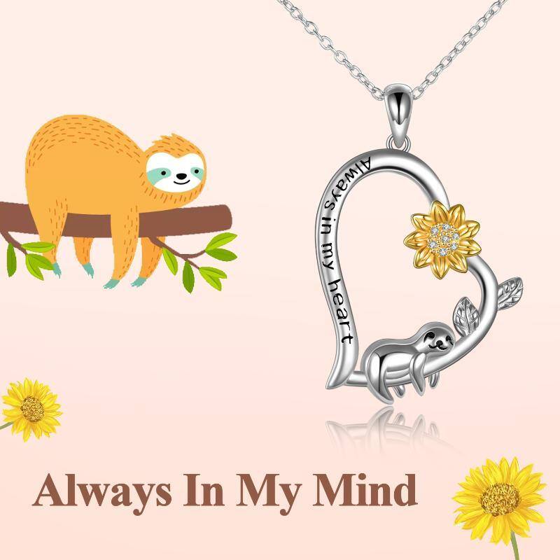 Sterling Silver Sloth & Sunflower Pendant Necklace with Engraved Word-6