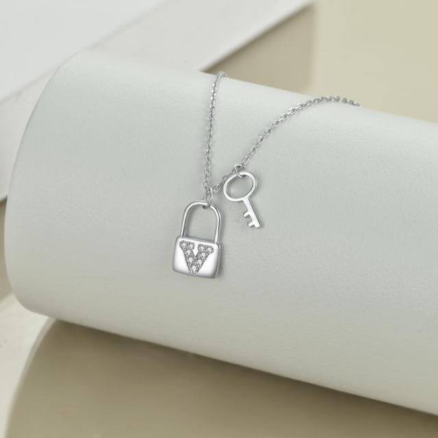 Sterling Silver Cubic Zirconia Key & Lock Pendant Necklace-3