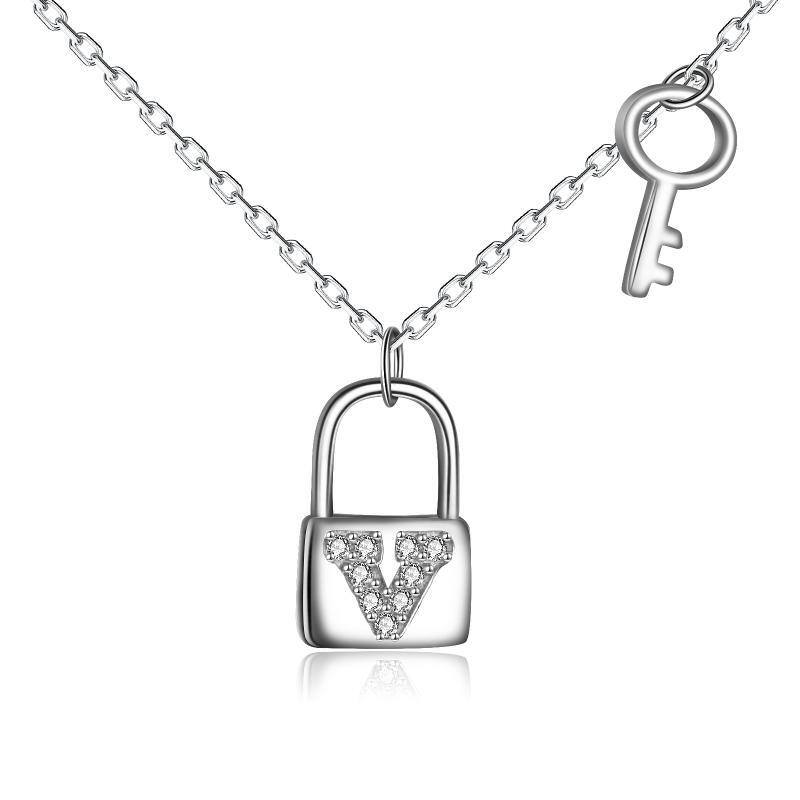 Sterling Silver Cubic Zirconia Key & Lock Pendant Necklace-1