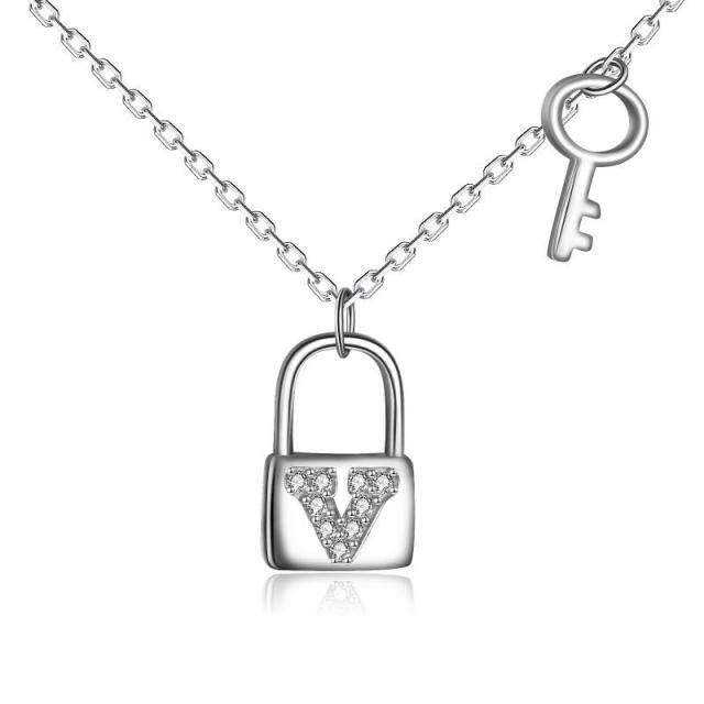 Sterling Silver Cubic Zirconia Key & Lock Pendant Necklace-0