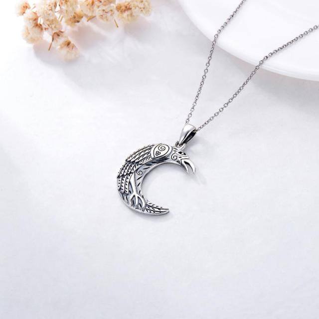 Sterling Silver Raven & Moon Pendant Necklace-3