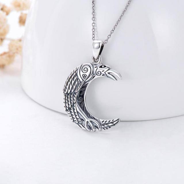 Sterling Silver Raven & Moon Pendant Necklace-2