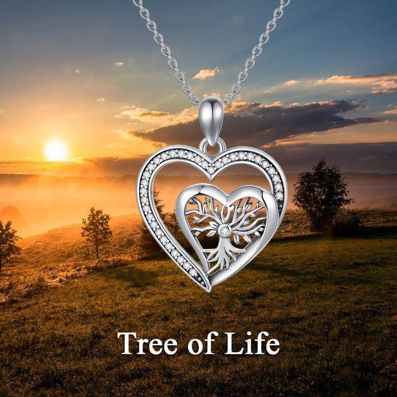 Sterling Silver Zirconia Tree Of Life & Double Heart Pendant Necklace-6